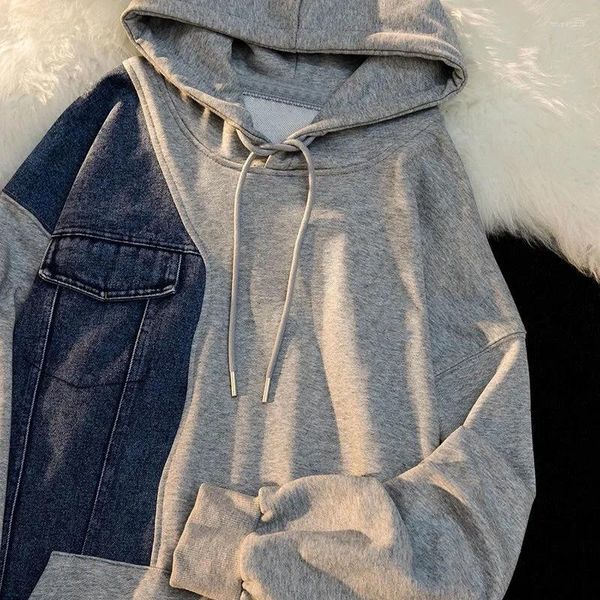 Erkek Hoodies denim patchwork kapüşonlu erkekler sweatshirts bahar sonbahar moda gevşek vahşi çift üstleri sudaderas hombre vintage uzun kollu