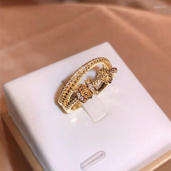 Cluster-Ringe, modisch, 18 Karat Gold, durchbrochen, doppelt drehbar, flexibler Kreis, gefüllt mit Diamant-Paar für Frauen, Hochzeitsgeschenk, Schmuck