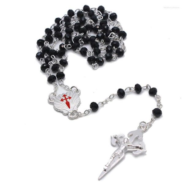 Anhänger Halsketten Religiöses Kreuz Katholischer Rosenkranz Halskette Runde Glasperlen Chian Jungfrau Maria Jesus Halsband für Frauen Schmuck