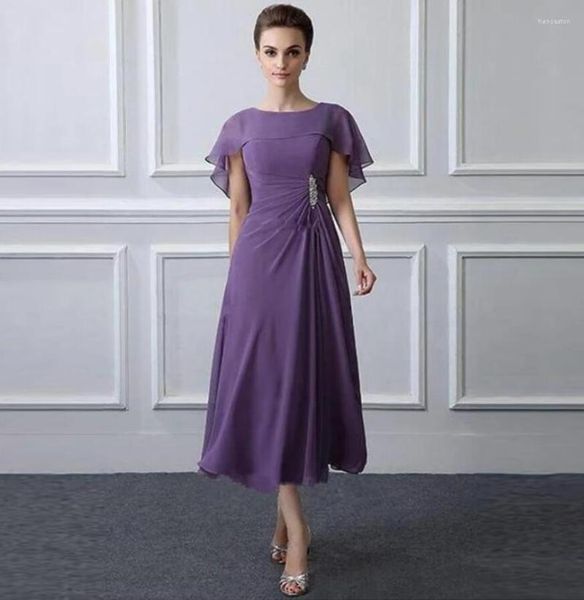 Zweiteilige Hosen für Damen, Kleider für die Brautmutter, für Hochzeiten, lila Chiffon, kurze Ärmel, schmale Länge, exquisite A-Linie, Abendparty