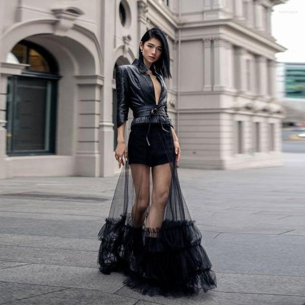 Saias de moda High Street Black Sheer Custom fez mulheres longas para festejar Maxi Tulle ver através