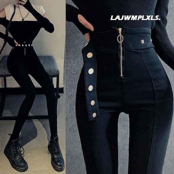 Jeans 2022 Autunno Spring Nuovi leggings neri Black Elastic High Welt Trasting Pants Pants Women's Metal Bottons era sottili pantaloni a matita