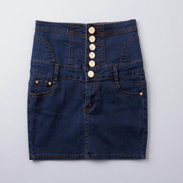 Röcke Frauen Hohe Taille Jeans Mini Sommer Schlanke Taschen Taste Rock Weibliche Dünne Beiläufige OL Denim Plus Größe 60193