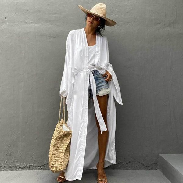 Cover-up Solid Beach Cover Up Donna Auto con cintura Wrap Kimono Dress Costume da bagno 2022 New Robe Summer Beachwear Rifornimento della fabbrica