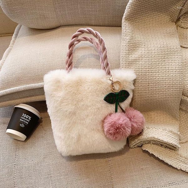 Borse da sera Bianco Fluffy per le donne 2023 Borsa a tracolla in peluche con catena Borsa a tracolla morbida in pelliccia di lusso con tracolla in pelliccia di ciliegio