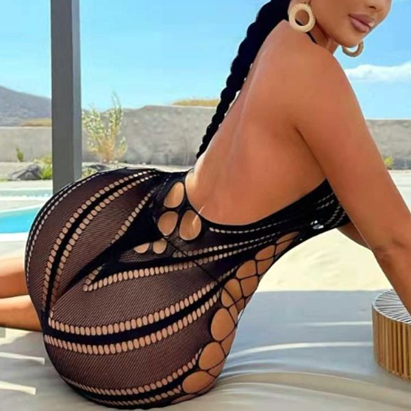 Vestidos casuais básicos mulheres sexy fishnet halter backless vestido sem -cor de baixo corte apertado