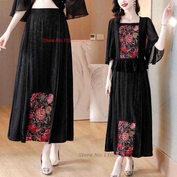 Abbigliamento etnico 2023 gonna tradizionale cinese vintage fiore nazionale ricamato donna raso orientale retrò jacquard folk a-line