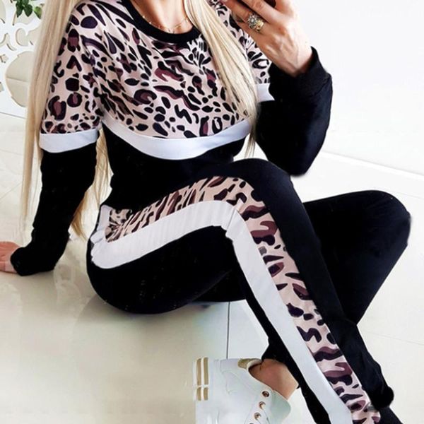 Calça de duas peças de duas peças de manga comprida malha de leopardo suéter de suéter elástico conjunta moda calça peças de trajes de roupas