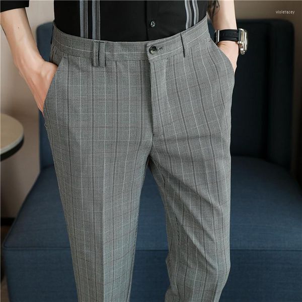 Ternos masculinos de alta qualidade calça xadrez de calças de alta qualidade 2023 Empresas casuais calças de perna com padrão quadriculado para estilo sofisticado