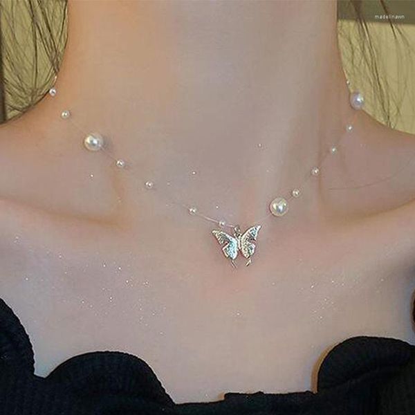 Ketten Einfache Perlenschlüsselbeinkette Schmetterlingsanhänger Transparente Angelschnur Weiche Perlenhalskette