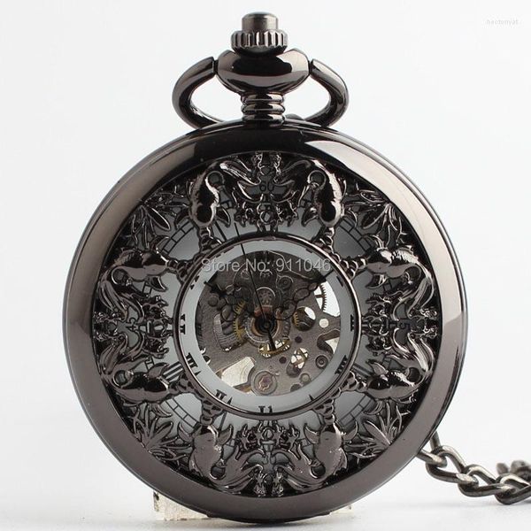 Taschenuhren 10 teile/los Schwarz Hohl Mechanische Handaufzug Uhr Skeleton Römischen Zifferblatt männer Großhandel
