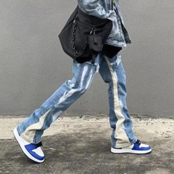 Calças de brim masculinas hip hop flare homens harajuku streetwear baggy perna larga calças jeans cintura elástica moda solta casual queimado jean calças masculinas mbq8