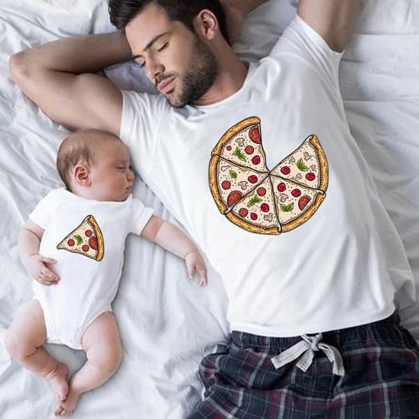 Aile Eşleşen Kıyafetler Yaz T Shirt Pizza Karikatür Desen Baba Oğul Anne Kızı Tshirts Üst Moda Pamuk Kısa Kol Kıyafetleri 230518