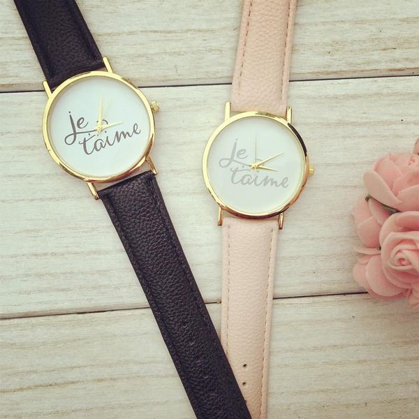 Armbanduhren 2023 Est Style 1 teile/los Je Taime (Love You) Uhr Mode Worte Sauber gestyltes Zifferblatt Leder für Damen Quarzuhren