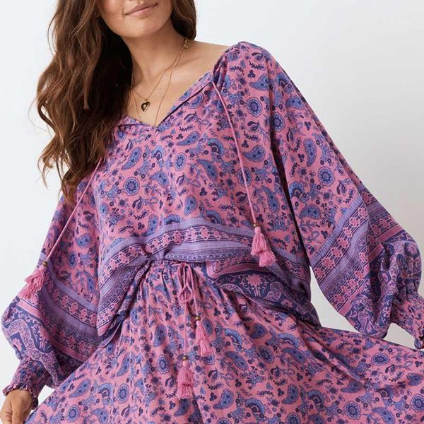 Camicette da donna Camicie GypsyLady Camicetta floreale viola Camicia estiva Boho Donna Causale Chic Manica lunga Nappe Sciolto Casual Ragazze Vacanza B