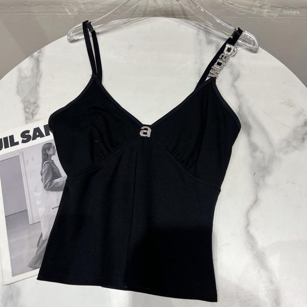 Damen Tanks Prepomp 2023 Sommer Ankunft ärmellos V-Ausschnitt Strass Buchstaben Schwarz Slim Tank Top Frauen Weste Leibchen GE715