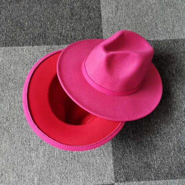 Широкие шляпы Unisex Внешний розовый внутренний красный лоскутный шерстя