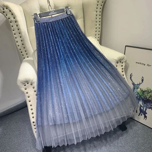 Saias de verão Tulle Salia de lantejoulas de lantejoulas altas festas de noite azul longa