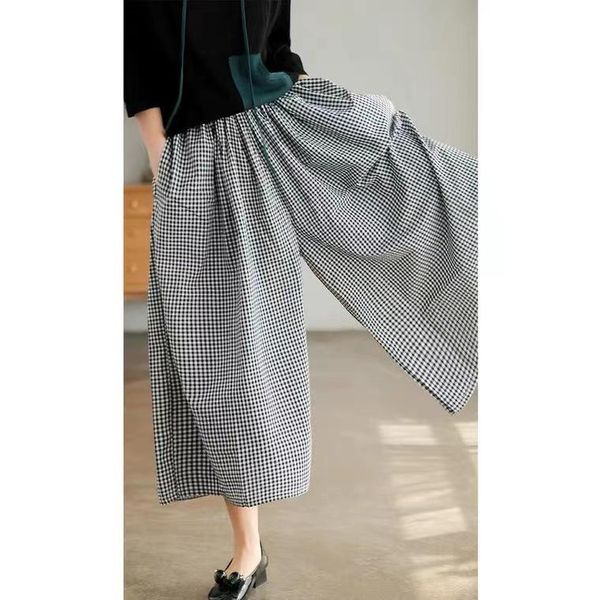 Capris weibliche Baumwolle Gingham Plaid breite Hosen Dame Japanisch Übergröße große Größe lose Taillenkalblänge Culottes Hosen Hosen Hosen