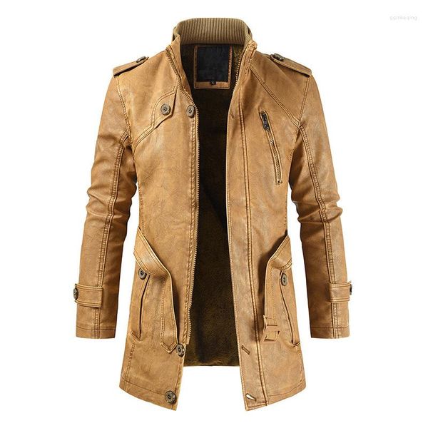 Männer Pelz Männer Winter Casual Lange Dicke Fleece Leder Jacke Parkas Vintage Taschen Warme Faux PU Mäntel Männlich Outdoor motorrad Outwear