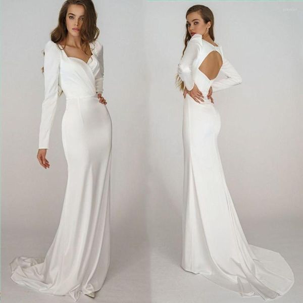 Hochzeit Kleid Einfache Meerjungfrau Satin Kleider Für Braut Moderne Schatz Langarm Brautkleider Open Back Vestido De Novia 2023