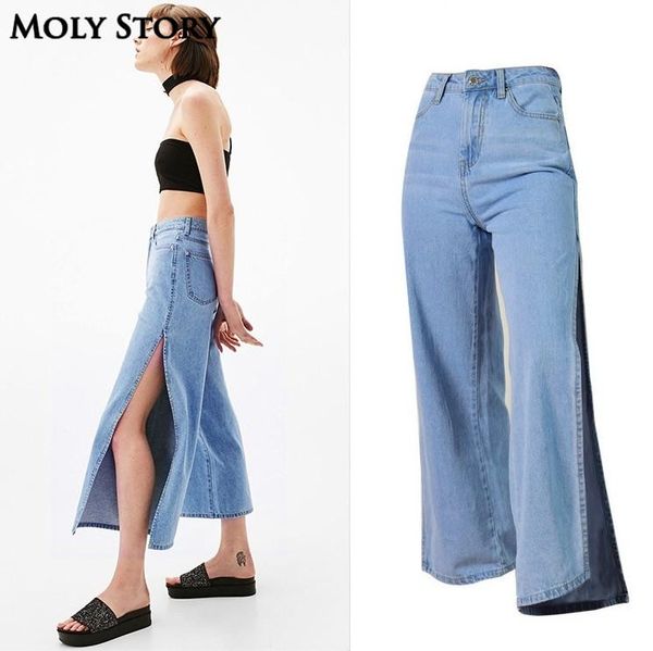 Джинсы Новая модная боковая щель широкие джинсы для ног Женщины повседневные джинсы с высокой талией плюс джинсовые джинсы плюс размер