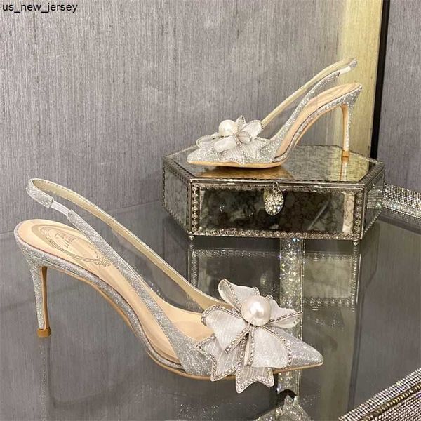 Sandálias 2023 Mulheres bombas Summer Novo Butterfly Stiletto High Heels Sapatos de Cristal Crystal Wedding Princesa Sandálias de Prata J230518
