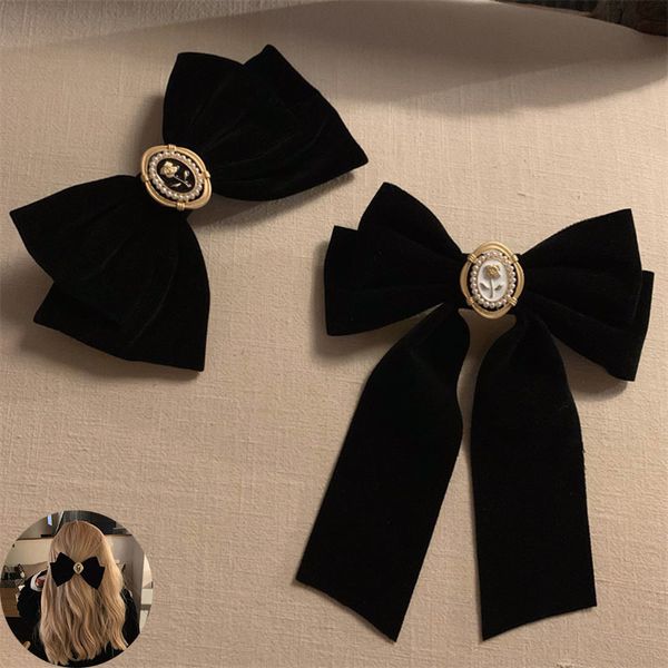 Sombreros Accesorios para el cabello Terciopelo negro Arco Horquillas para el cabello Elegante tela Aleación Rosas Pinzas para el cabello para mujeres Moda cola de caballo Barrette Heawear Accesorios 230517