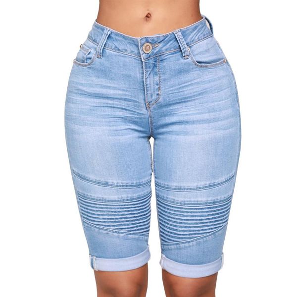 Rock Womens Middle Rise Elastic Denim Shorts Knie Länge kurvige Bermuda Stretch Short Jeans