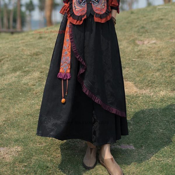 Этническая одежда 2023 Традиционная китайская женщина A-Line Юбка для цветочной вышивки винтажная кисточка атласная harajuku Oriental Women National Long