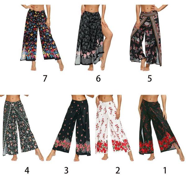 Roupa de ioga feminina calça de estampa floral solta Baggy boho Palazzo de perna larga calças de perna larga