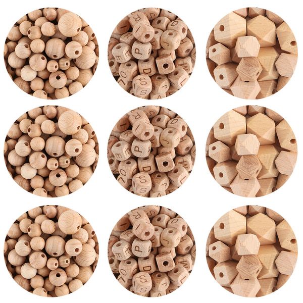 Baby dentes brinquedos kovict 1001000pcs Beech Wooden Beads Ecofriendly Round Bead Letter Hexahedron para Bracelet Colar Acessórios Jóias Fazendo 230518