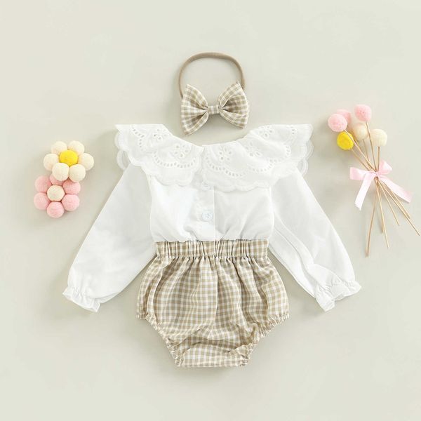 Conjuntos de roupas 2pcs Baby Girl Fall Outfit Xadrez Patchwork Lace Doll Collar Manga Longa e Hairband Set para Bebês 0-18 Meses