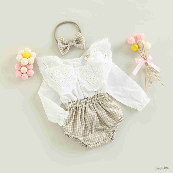 Наборы одежды 2pcs Baby Girl Fall Fall Fant Faint Patchwork Кружевая воротника с длинным рукавом и набор для волос для младенцев 0-18 месяцев R230518