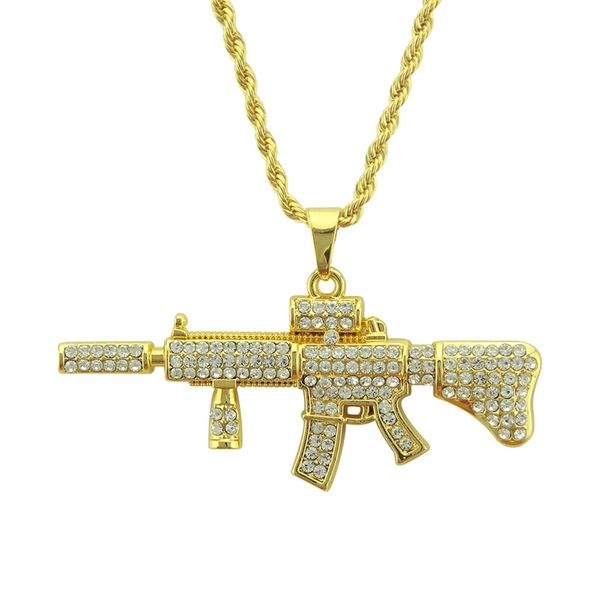 Halskette für Herrenkette, kubanische Glieder, Goldketten, Iced Out-Schmuck, Herren-Halskette mit Anhänger in Form einer AK47-Maschinenpistole mit Diamanteinlage