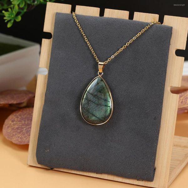 Anhänger Halsketten Natürliche Stein Halskette Wasser Tropfen Form Flash Labradorit Edelstahl Kette Für Schmuck Geschenk