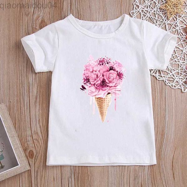 Camisetas de camisetas estampas de sorvete de flor infantil camisetas gráficas TODDLER MENING ROPOS BRANCO CASUAL CASTURA DE MANAGEM CULHA