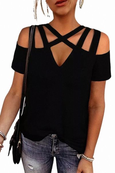 Top a maniche corte con taglio incrociato nero 2023 Hot New n00N#