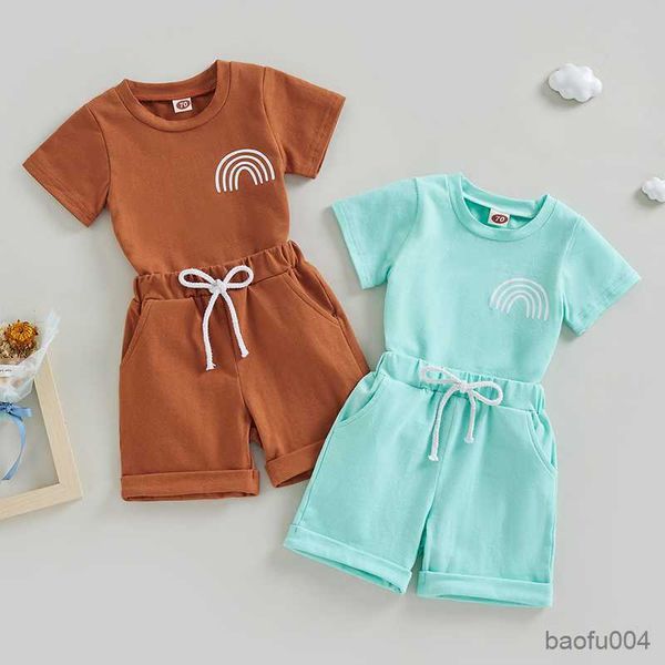 Ensembles de vêtements pour tout-petits bébés garçons filles 2 pièces tenues d'été à manches courtes arc-en-ciel imprimé T-shirt et noeud avant ensemble de shorts enfants vêtements tenues R230518