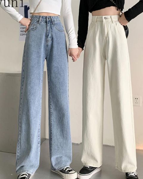 Jeans jeans retos de cintura alta para mulheres primavera/verão 2021 nova calça de perna larga solta figura de cor clara calças lisonjeiras y2k lavadas