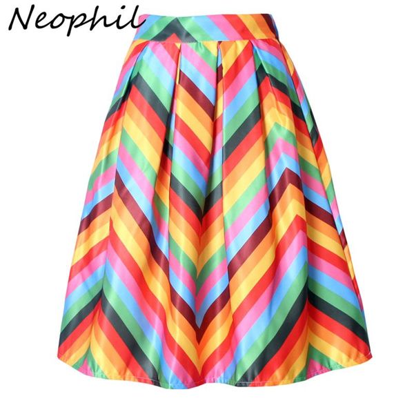 Capris Neophil Rainbow Fringe Listrado Impressão 2022 Verão Cantura alta jupe femme plissado plufuado satin aline feminino saias s07048