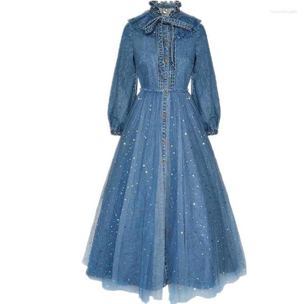 Casual Kleider Frühling 2023 Retro Denim Langes Kleid Frauen Laterne Hülse Mesh Nähte Große Schaukel A-linie