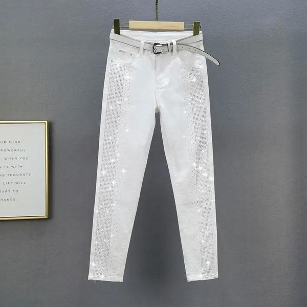 Calças de brim primavera outono coreia moda feminina jeans branco vintage elástico apertado encaixe jeans casual strass cintura alta lápis calças