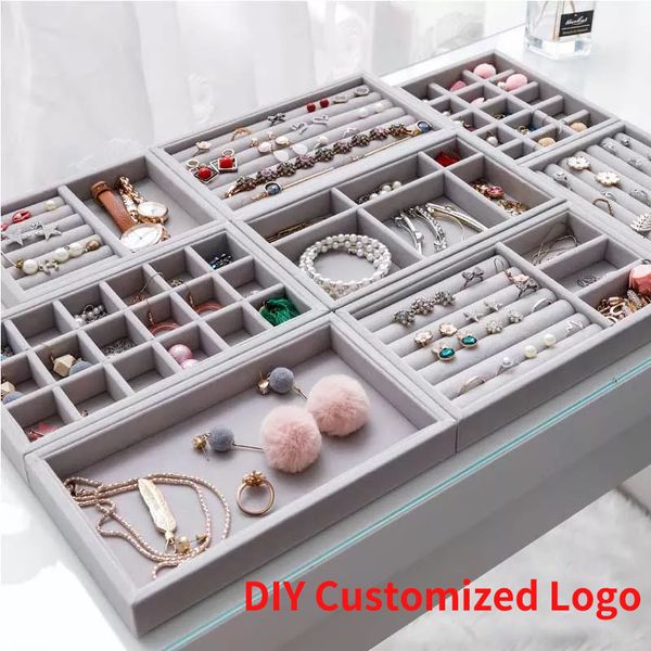 Jóias de joalheria Mada artesanal Organizador de armazenamento de gaveta de caixa diy cinza Jóias de jóias de veludo macio Bandeja de pulseira de pingente 9 Opções 230517