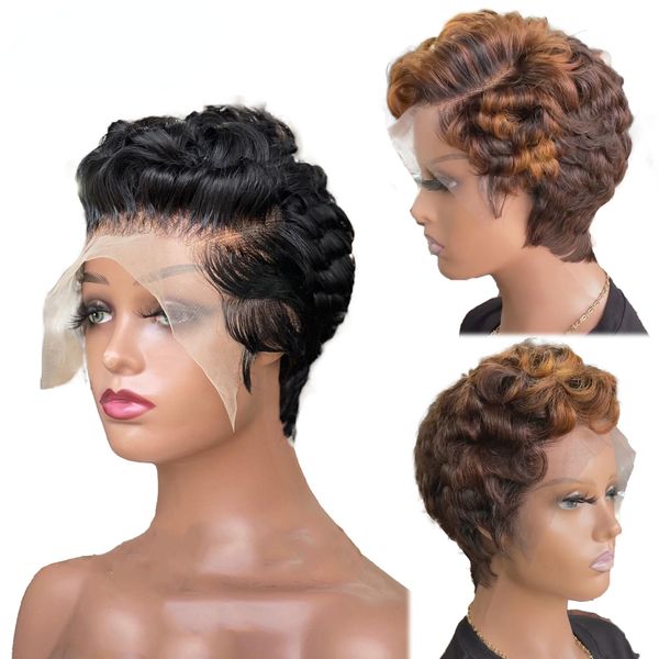 Highlight gefärbte kurze Pixie geschnittene Bob -Körperwelle menschliches Haar Perücken transparente Spitze 13x4 Spitzenfrontalperücken für schwarze Frau Brasilianische Haare braune Perücke 180%