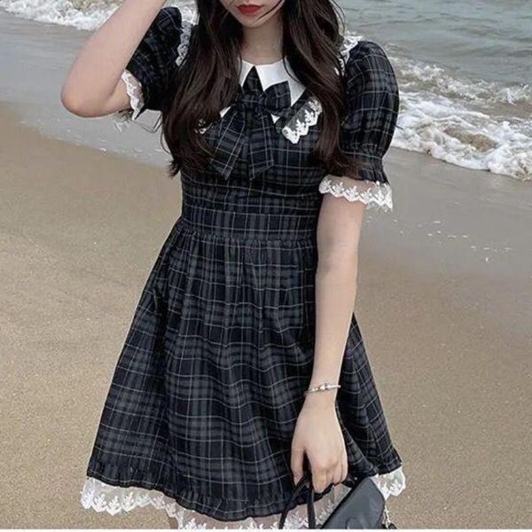 Kleider HOUZHOU Sommerkleid Plaid Grunge Kawaii Schleife Spitzenkleider Damen Niedlich Adretter Stil Lolita Gothic Japanisch Harajuku Dunkle Outfits