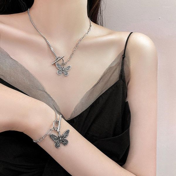 Colares pendentes Danymia Big Butterfly Butterfly Splicing Link Chain Charclace no pescoço para mulheres Silver Color Streetwear Acessórios