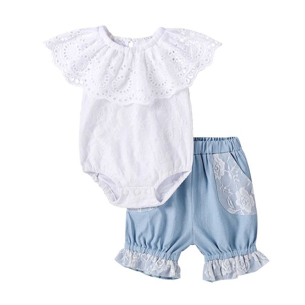 Conjuntos de roupas 0-24m infantil bebê menina roupas flor oco plissado colarinho branco romperandlace denim shorts flare calças princesa 2pcs conjunto