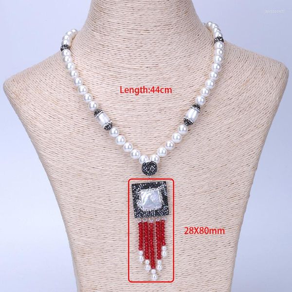 Anhänger Halsketten Große Quadratische Natürliche Süßwasser Perle Perle Weinrot Glas Quaste Charme Perlen Elegante Boho Luxus Halskette Für Frauen