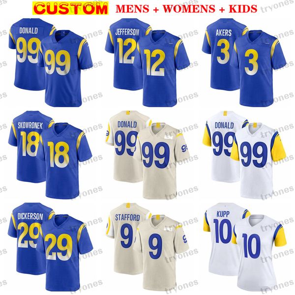 Mens 99 Aaron Donald Maglie da calcio Cooper Kupp Womens Kids 9 Matthew Stafford 3 Akers Brian Allen Shelton Havenstein Higbee Skowronek Jefferson Dickerson Faulk